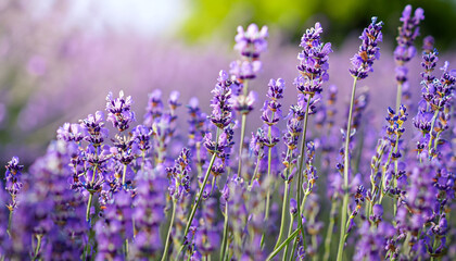 closeup summer purple lavender field with a soft focus background
