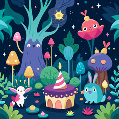 A whimsical birthday fairytale forest with enchanted creatures. vektor illustation