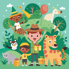 A happy birthday safari adventure with wild animals and explorers. vektor illustation