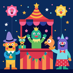 Obraz premium A whimsical birthday puppet show with colorful characters. vektor illustation