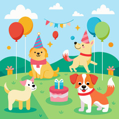 A cheerful birthday dog park with pups playing and fetching. vektor illustation