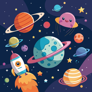 A whimsical birthday space adventure with planets and aliens. vektor illustation