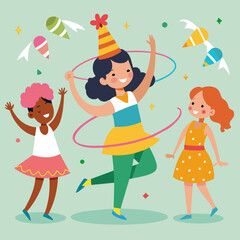 A whimsical birthday hula hooping contest with hoops and music. vektor illustation