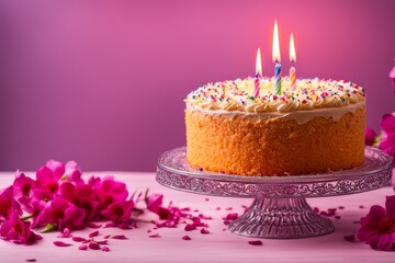 delicate cake with candles on a pink background