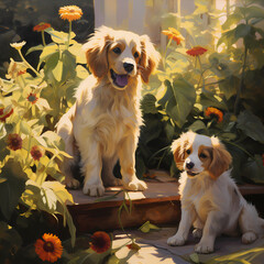 Playful puppies in a sunlit garden.