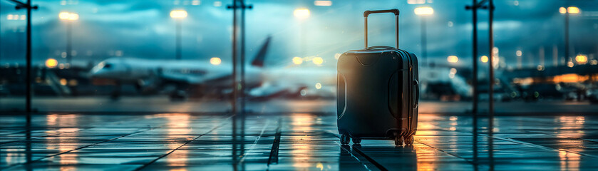 Solo Travel Suitcase in Airport with Airplane on Tarmac at Dusk
 - obrazy, fototapety, plakaty