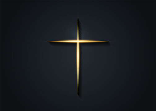 cross of light, shiny Cross with golden frame symbol of christianity. Symbol of hope and faith. Gold religious sign. Vector  illustration icon isolated on black background