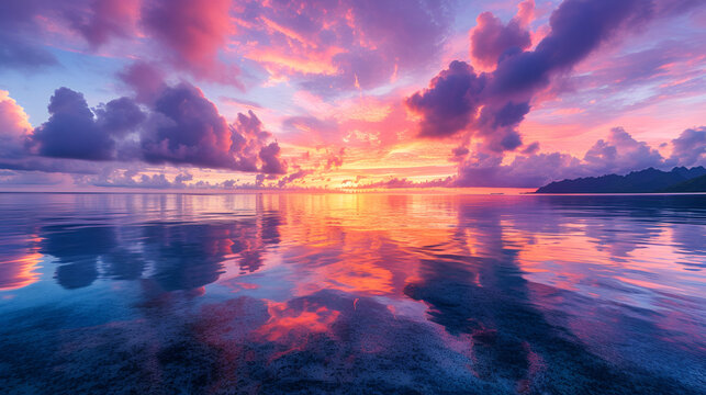 A colorful sunset over the ocean with a pink and purple sky, generative ai