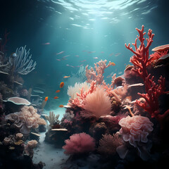 Surreal underwater scene with vibrant coral.
