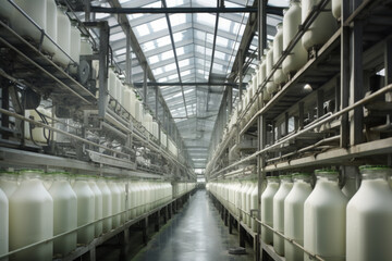 Automated conveyor system transporting milk bottles in a modern dairy processing plant.
