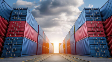 Fototapeta premium Efficient Shipping Solutions, Rows of Stacked Cargo Shipping Containers at the Port, Generative AI