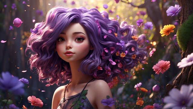 A chibi women purpul hair surrounded  by tree hair