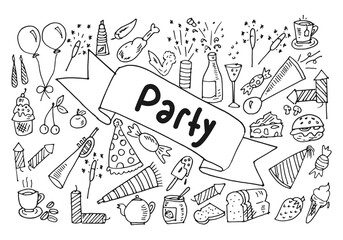 Party doodle sketch freehand draw. Doodle vector drawing illustrations. Food, drink, and other element of party line art.