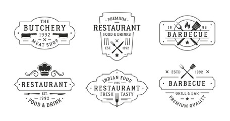 Vintage hipster logo templates for restaurant business. Butchery, Barbecue and Restaurant emblems templates. Fork, knife, Chef hat, cooking icons.Vector illustration