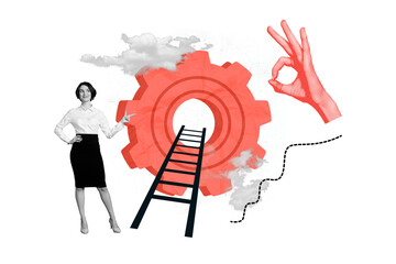 Abstract creative composite photo collage of happy top manager directing at gear develop successful career isolated painted background