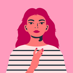 A French girl with a striped top, red hair, red lips, and red nails. Stylish and strong woman. Pink background. International Women's Day character.