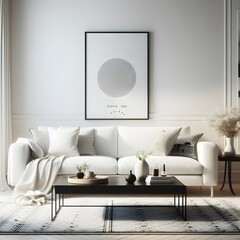 White sofa and black coffee table against white wall with art poster. Scandinavian boho home interior design of modern living room generative AI