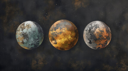 Obraz na płótnie Canvas three medium-sized planets set against a dark cosmic backdrop. Each planet emits a soft, luminous glow, contrasting starkly with the surrounding darkness. beauty and sense of cosmic exploration.