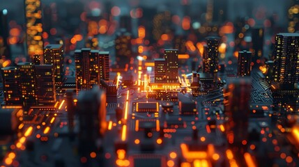 A detailed electronic circuit board simulating a cityscape at night with vibrant neon light details, embodying urban technology.