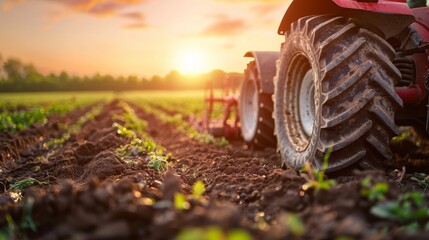 A tractor tills the soil in preparation for planting, captured at sunrise with golden light highlighting the rich earth of the farmland.
