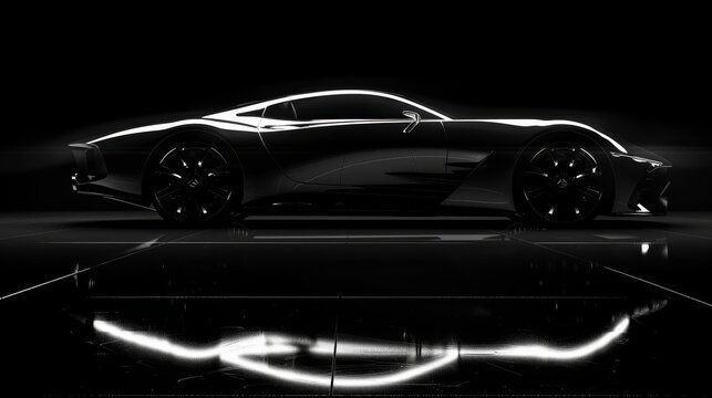 Monochromatic image of a black sports car highlighted by artistic lighting, showcasing a sleek and modern design.