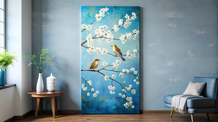 Vertical Oil Painting of Two Birds on Tree with White Flowers - Printable Wall Art with Blue Background