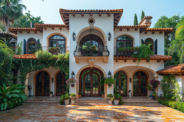 Wide Angle Shot of a Big white beautiful house in the suburbs
