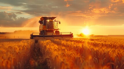 Fototapeta premium A combine harvester is busy at work during harvest season, cutting through a golden wheat field under the warm glow of the setting sun.