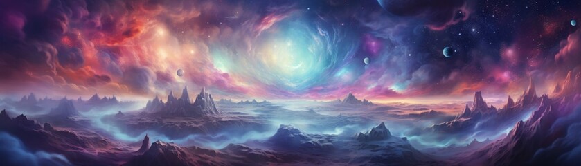 A backdrop background of a dreamy cosmic realm, with swirling nebulae and fantastical creatures