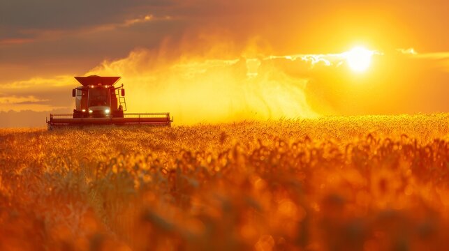 As the sun sets, casting a golden glow, a combine harvester works through a wheat field, kicking up a cloud of chaff in its wake.