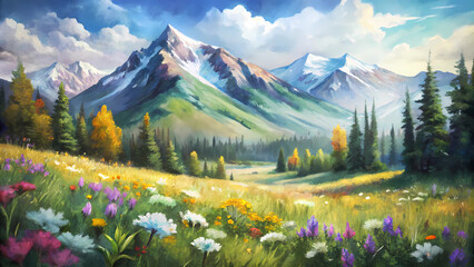 Serene Summer Landscape with Wildflowers and Mountains - Digital Watercolor Artwork for Print