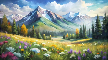 Zelfklevend Fotobehang Serene Summer Landscape with Wildflowers and Mountains - Digital Watercolor Artwork for Print © PhotoPhreak