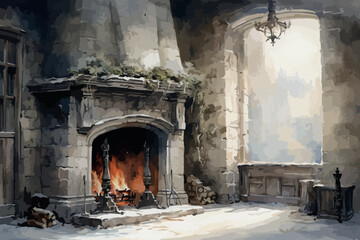Artistic concept painting of a Christmas time. Wood burning in a cozy fireplace at home