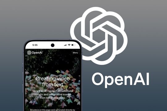 Sora Website displayed on a modern smartphone, text-to-video model for generating videos with artificial intelligence from OpenAI, OpenAI Logo and gray gradient behind, video, content, media