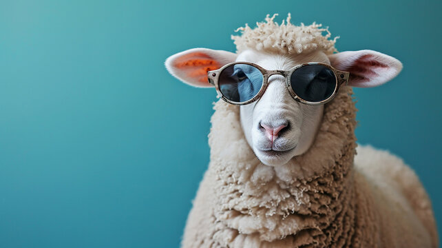 Funny fluffy sheep with curly wool, wearing sunglasses