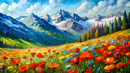 Colorful Poppy Flowers in Mountain Landscape - Horizontal Oil Painting with Impasto Technique