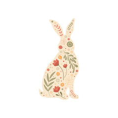 Silhouette Sitting Easter Bunny in vintage colors. Rabbit painted with flowers and abstract folk pattern. Vector