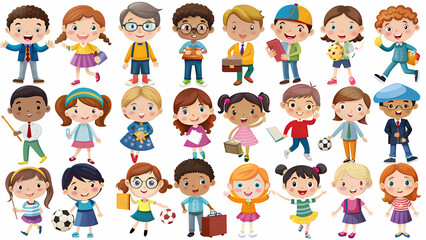 Fototapeta premium Collection of Cute School Kids - Education Clipart Including Math, Drawing, Chemistry, Sports, Reading, Writing, and Geography