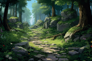 Stone path in a forest overgrown with moss illustration