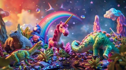 In a realm of understanding, autism awareness shines through a 3D puzzle, with rainbow unicorns, dinosaurs, and sloths