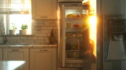 a fridge in a kitchen at daylight. The fridge door - obrazy, fototapety, plakaty