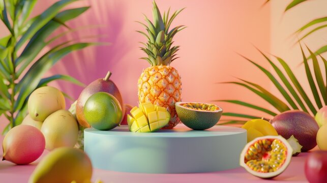stone podiums with fresh Fruit. 3D display podium with copy space template 3d render. Background for cosmetic products of natural.