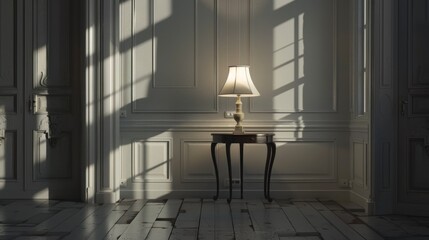 room with a lamp and a table, in the style of neoclassical simplicity brown  - obrazy, fototapety, plakaty