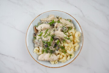Fricassee - French Cuisine. Chicken stewed in a creamy sauce with mushrooms in a plate