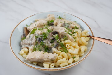 Fricassee - French Cuisine. Chicken stewed in a creamy sauce with mushrooms in a plate