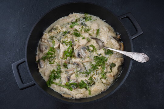 Fricassee - French Cuisine. Chicken stewed in a creamy sauce with mushrooms in a pan