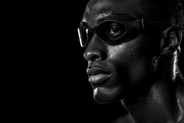 Focused male swimmer with goggles, intense gaze, sweat and determination, monochrome portrait with dark background - 746517763