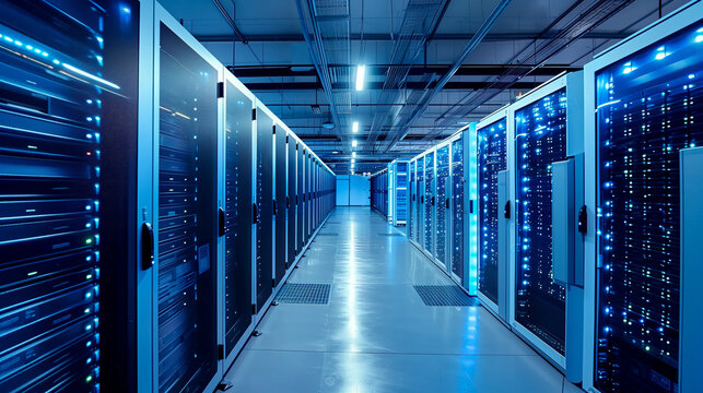 Modern Data Center Server Room with Blue Lighting. A perspective view of a corridor in a modern data center server room, with racks of servers and blue LED lighting enhancing the high-tech atmosphere.