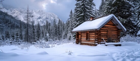 Winter cabin made of logs.