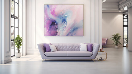 Spacious and Airy Living Room with Abstract Wall Art and Lavender Sofa